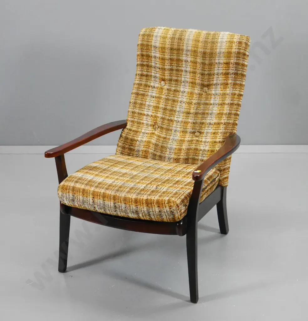 mid-century Morgans mahogany show-wood lounge chair, some wear to tweed fabric, one arm needs gluing H900 W620 D830 Image 1++