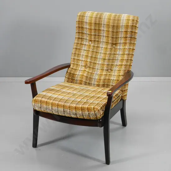 mid-century Morgans mahogany show-wood lounge chair, some wear to tweed fabric, one arm needs gluing H900 W620 D830