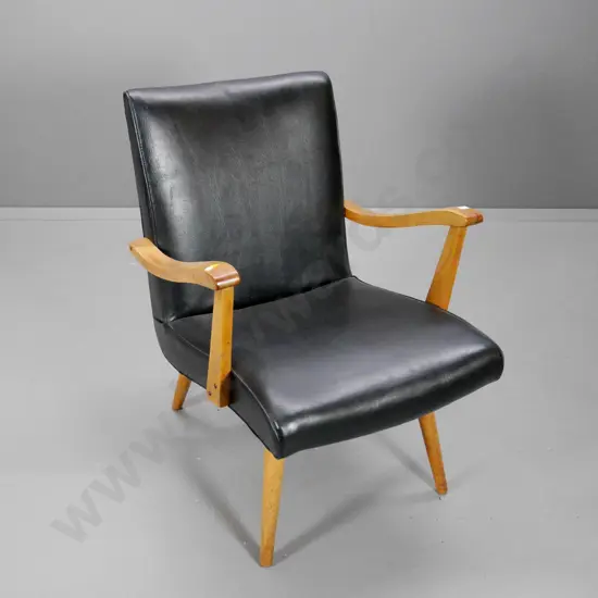 retro wood-framed armchair with black vinyl upholstery H-800 W-570 D-640