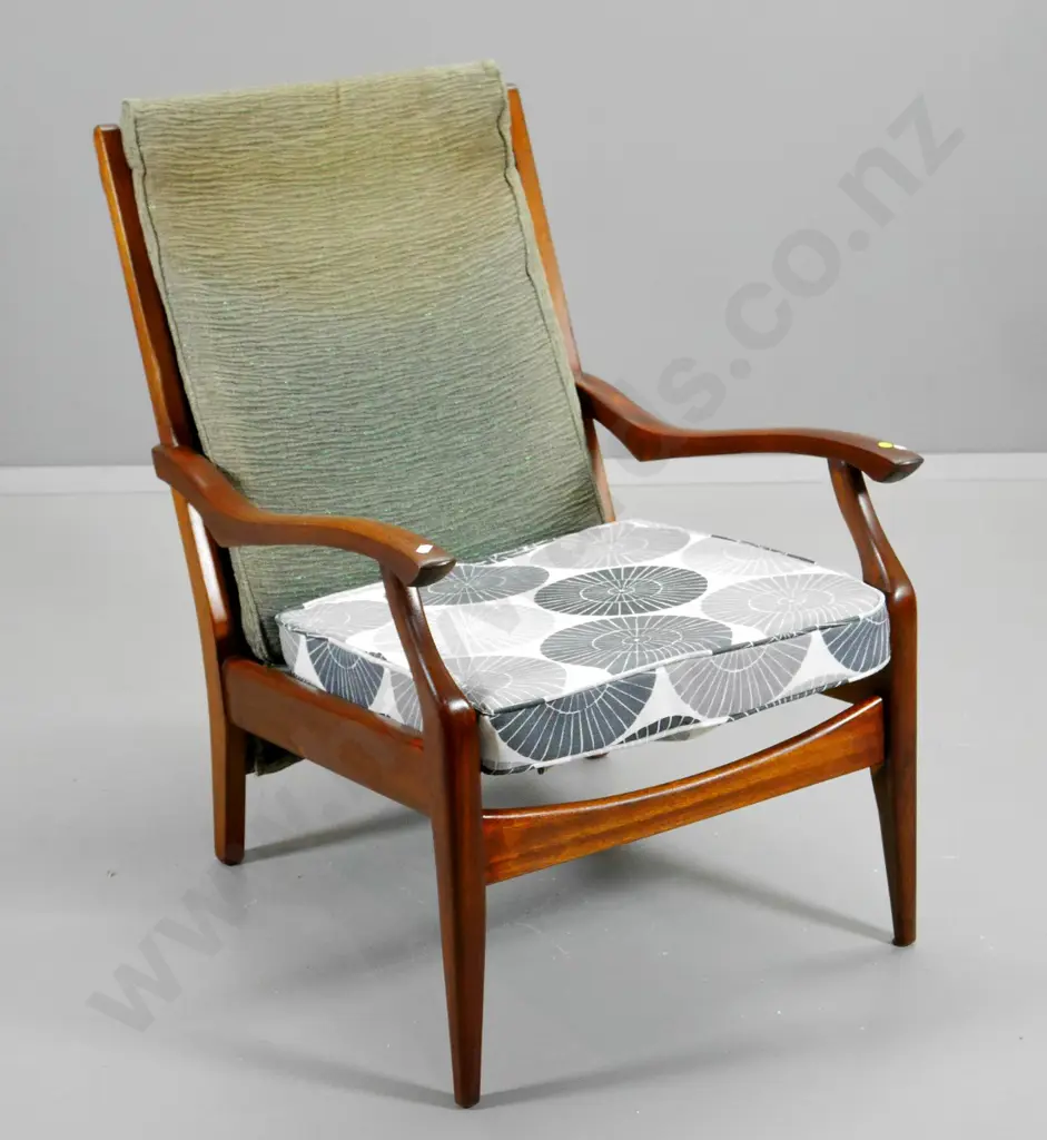 mid-century mahogany framed lounge chair, mismatched fabric on seat & back H-850 W-610 D-730 Image 1++