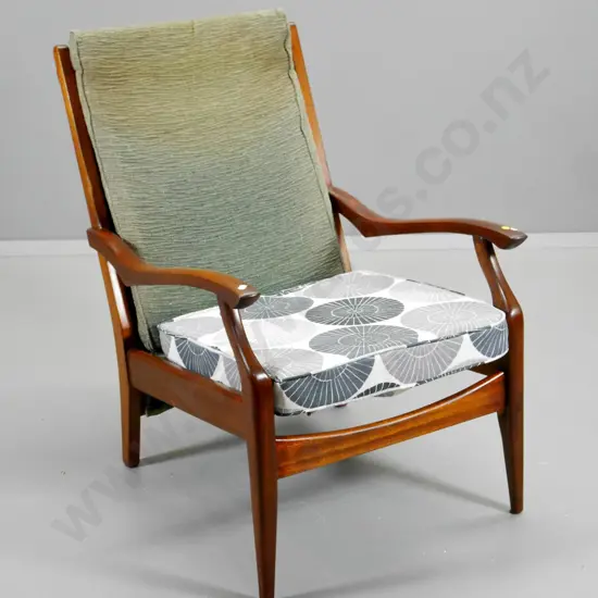 mid-century mahogany framed lounge chair, mismatched fabric on seat & back H-850 W-610 D-730