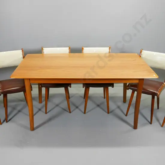 mid-century teak dining table with 6 matching dining chairs in studded 2-tone vinyl - some wear to vinyl H730 L1550 W890