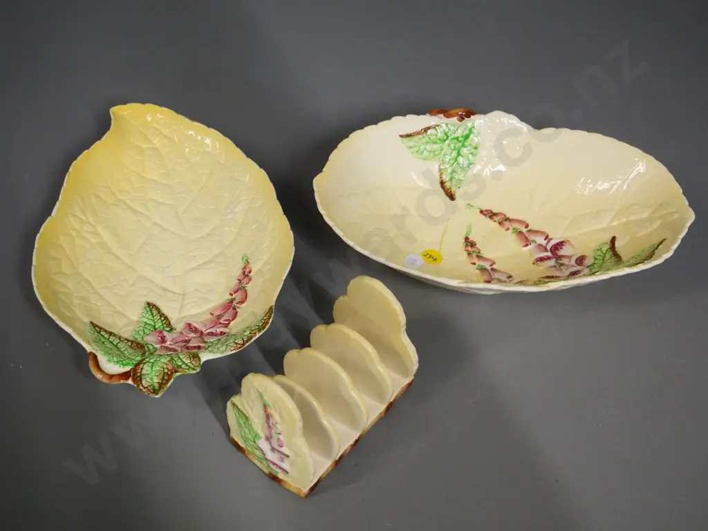 3 pieces of Carlton Ware foxglove pattern china - bowl, dish and toast rack Image 1++