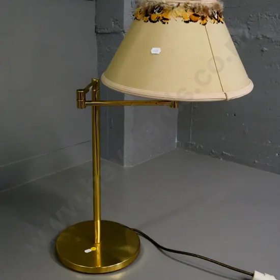 brass swivel-arm table lamp, shade with feather trim - some marks to brass H-640