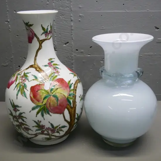 2 vases - art glass pale blue, white and clear and a Chinese reproduction hand-painted fruit pattern H-320
