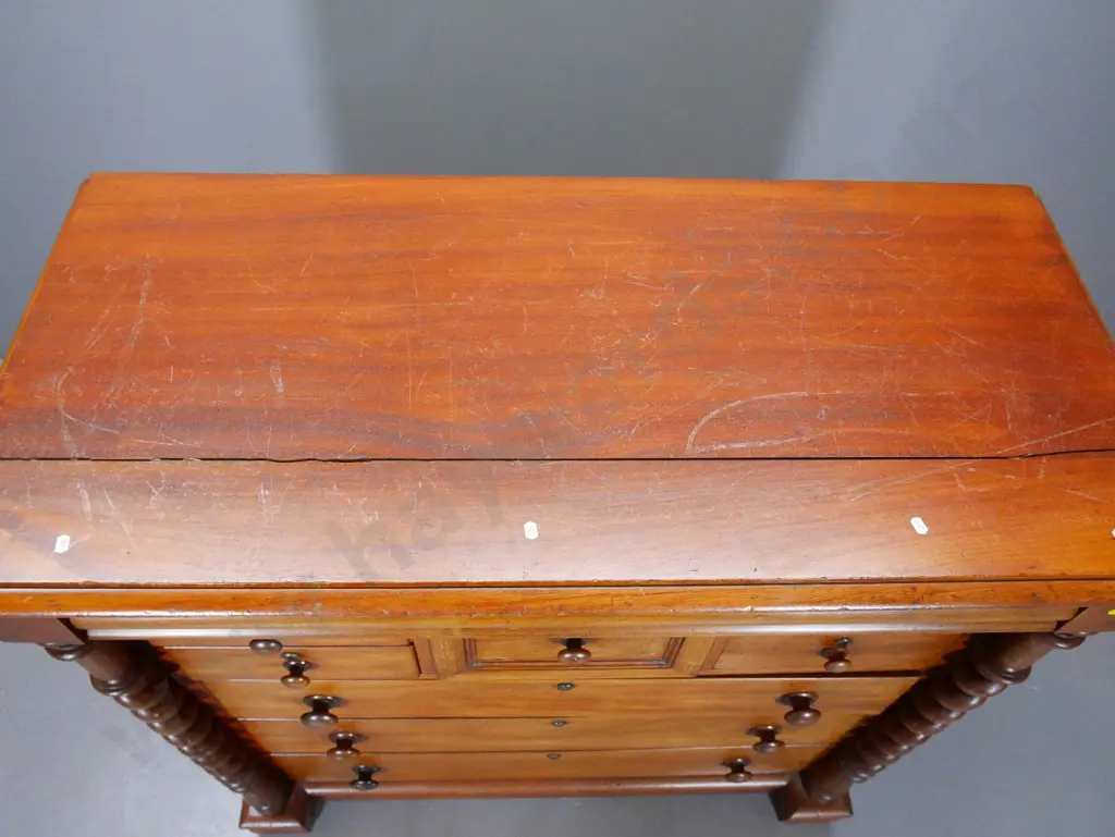 vintage walnut 8-drawer Scotch chest with barley twist columns, turned wooden handles, split to top H1280 W1240 D570 Image 1++