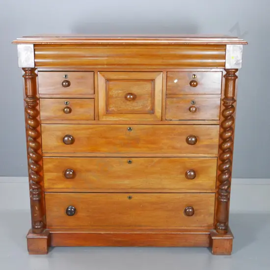 vintage walnut 8-drawer Scotch chest with barley twist columns, turned wooden handles, split to top H1280 W1240 D570