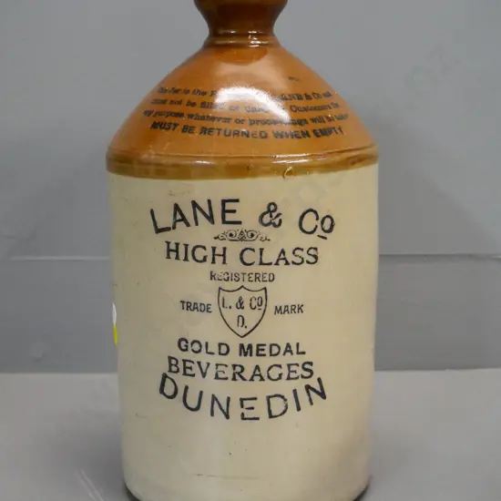 narrow mouth Lane & Co Gold Medal Dunedin stoneware crock with cork stopper H-330 D-180