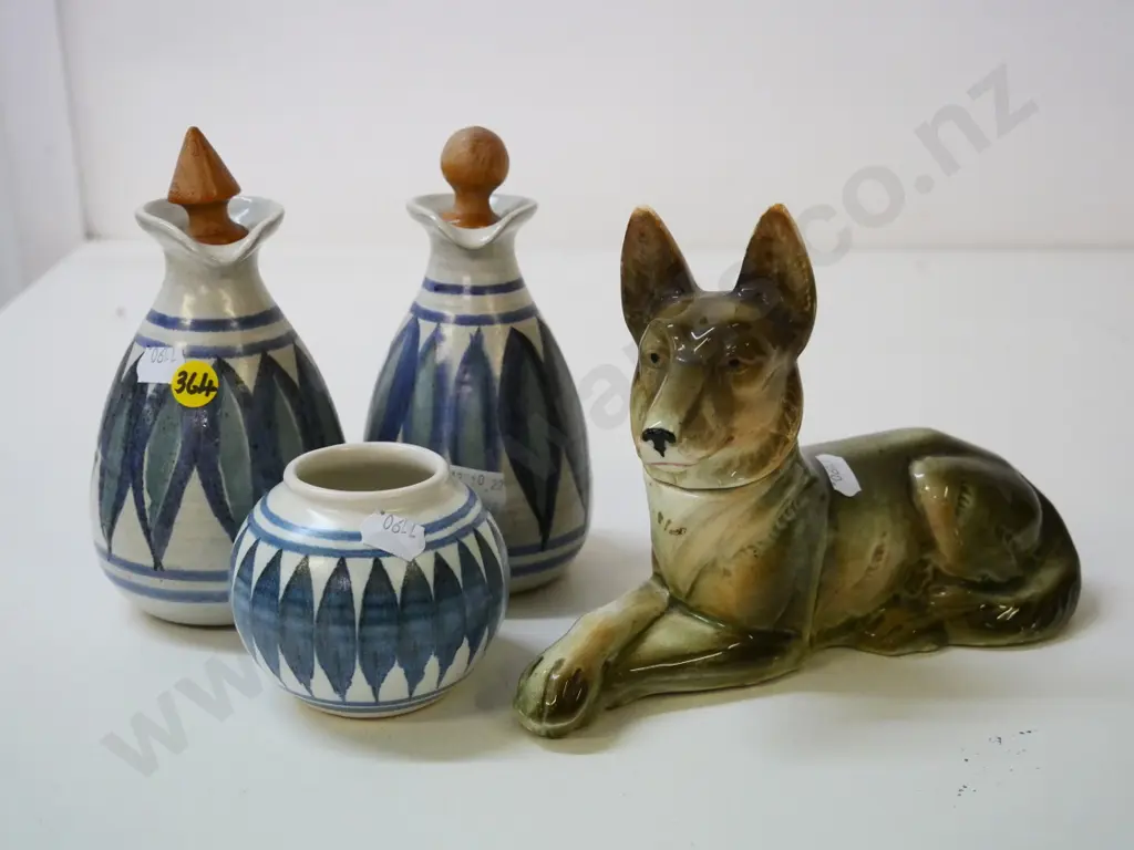 3 pieces Hanmer pottery = 2 sauce jugs H-140 and a pot - and a dog figure decanter, damage to cork stopper liner Image 1++