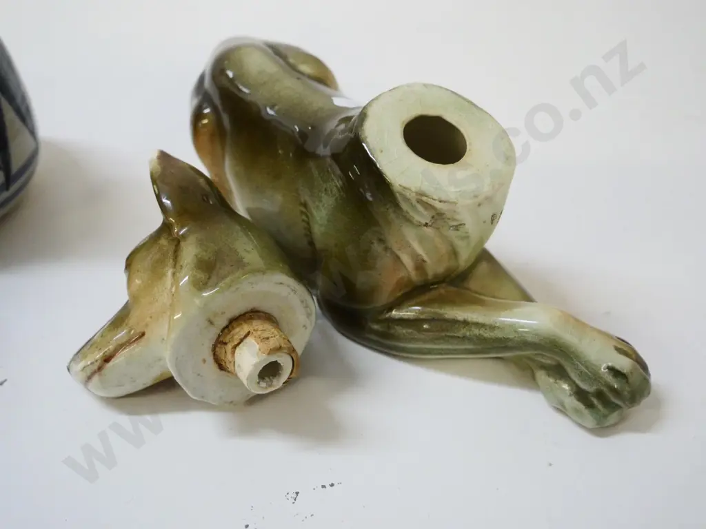 3 pieces Hanmer pottery = 2 sauce jugs H-140 and a pot - and a dog figure decanter, damage to cork stopper liner Image 1++