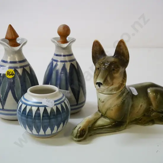3 pieces Hanmer pottery = 2 sauce jugs H-140 and a pot - and a dog figure decanter, damage to cork stopper liner