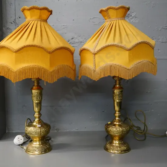 pair of cast brass table lamps with tasseled Empire shades  -H-690 Diameter 370