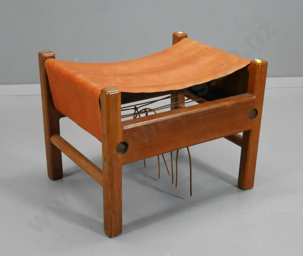 retro mahogany foot-stool with laced slung leather seat H-400 W-500 D-400 Image 1++