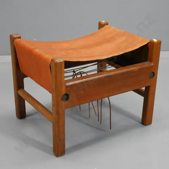 retro mahogany foot-stool with laced slung leather seat H-400 W-500 D-400