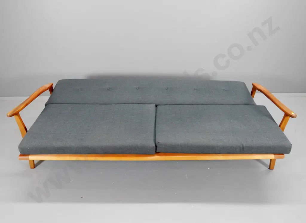 mid-century Morgan Brothers NZ mahogany framed pull-out convertible settee in tweed fabric H800 W2030 D830 Image 1++