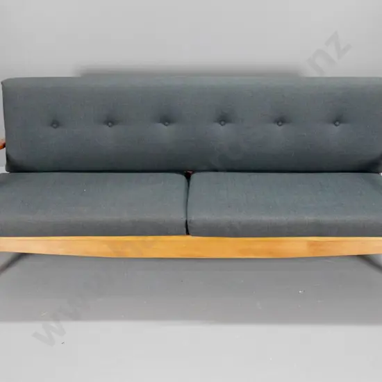 mid-century Morgan Brothers NZ mahogany framed pull-out convertible settee in tweed fabric H800 W2030 D830