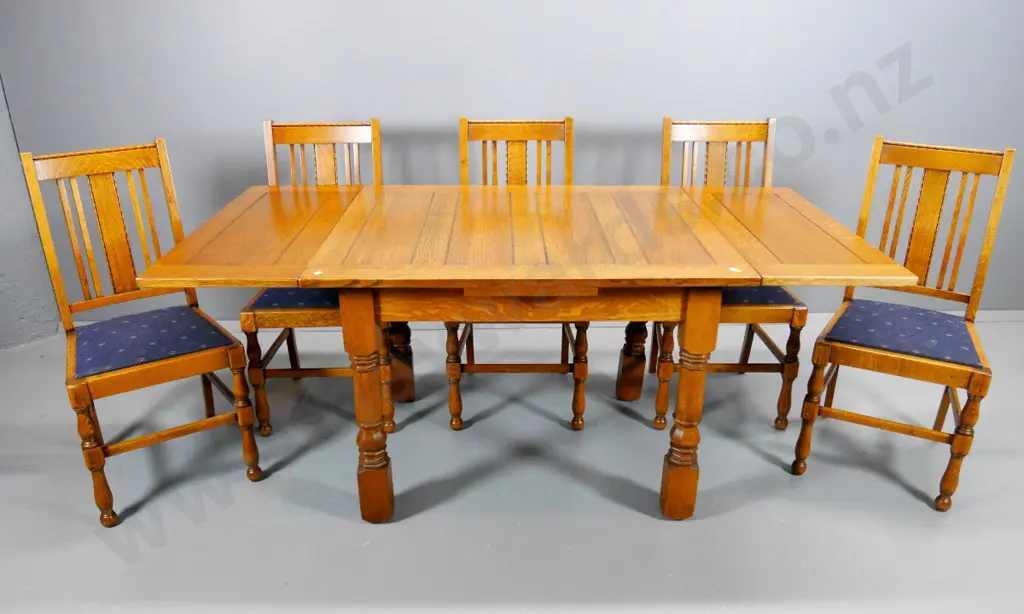 deco oak end-leaf extending dining table & 5 slat back chairs w/upholstered seats H-760 W-920 L-1070 closed 1850 open Image 1++