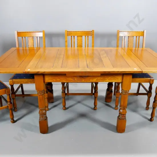 deco oak end-leaf extending dining table & 5 slat back chairs w/upholstered seats H-760 W-920 L-1070 closed 1850 open