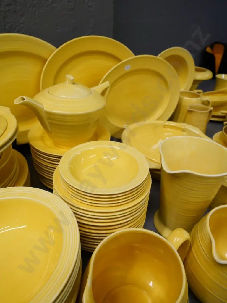 large quantity of Crown Ducal yellow dinnerware including teapot, jugs, etc. Image 1++