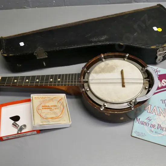cased banjo mandolin L-540, case marked 'Reliance' - missing some strings, with spares & key in case