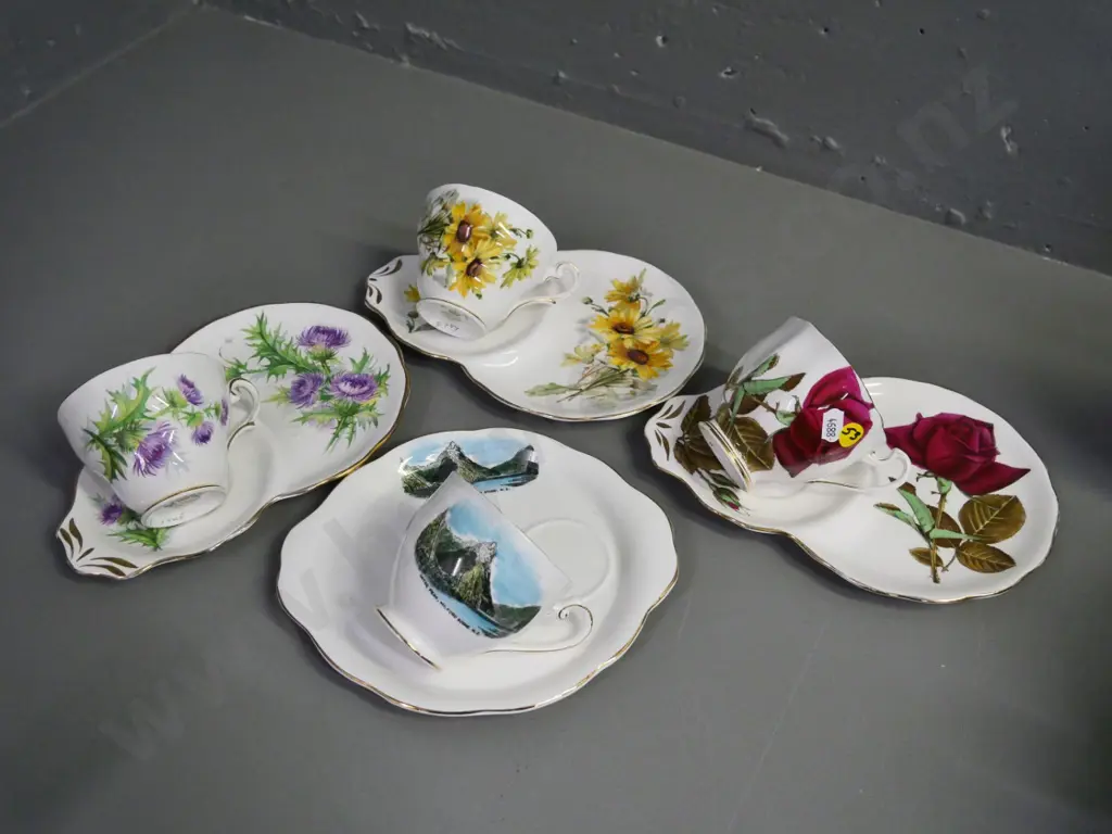 4 English china tennis sets - three Royal Standard, one Grafton Mitre Peak scenic Image 1++