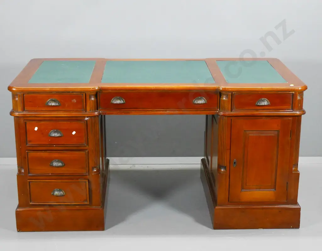 mahogany partners desk w/12 drawers, 2 cupboard, leather inset top, shell handles, no key, some locked H790 W1480 D750 Image 1++
