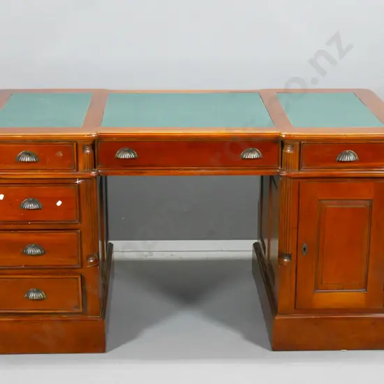 mahogany partners desk w/12 drawers, 2 cupboard, leather inset top, shell handles, no key, some locked H790 W1480 D750