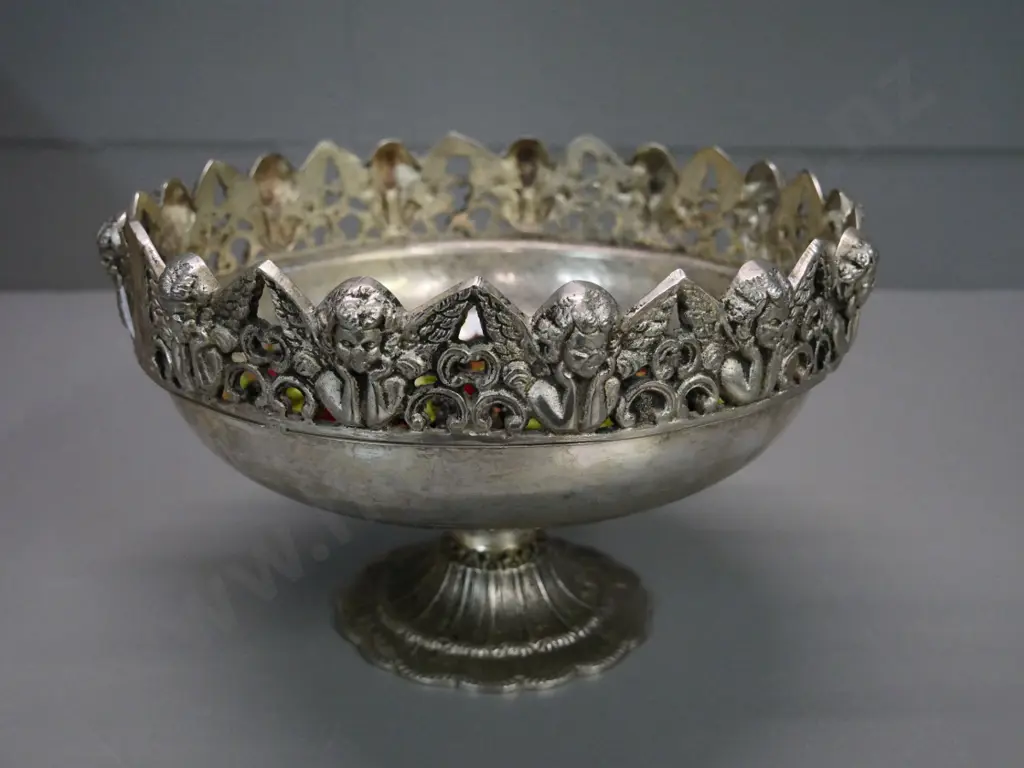 ornate plated comport bowl H-170 D-270 w/plastic fruit Image 1++