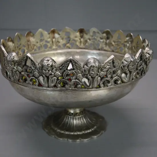 ornate plated comport bowl H-170 D-270 w/plastic fruit