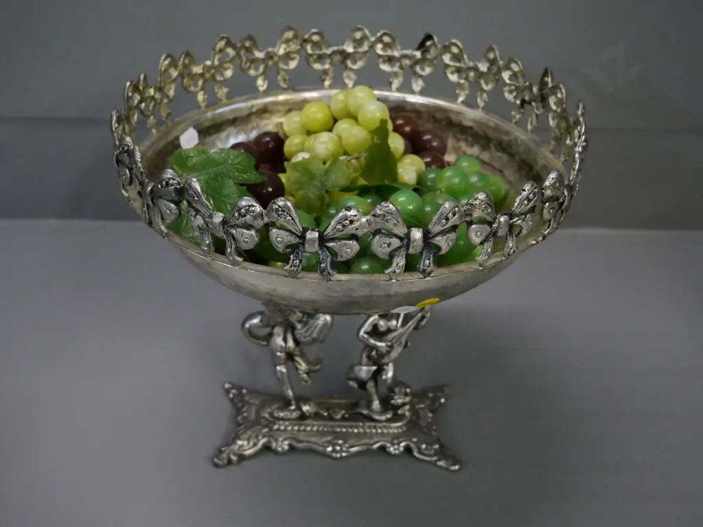 ornate figural base plated comport bowl marked 'Louise Mitchell Silver' H-250 D-270 Image 1++
