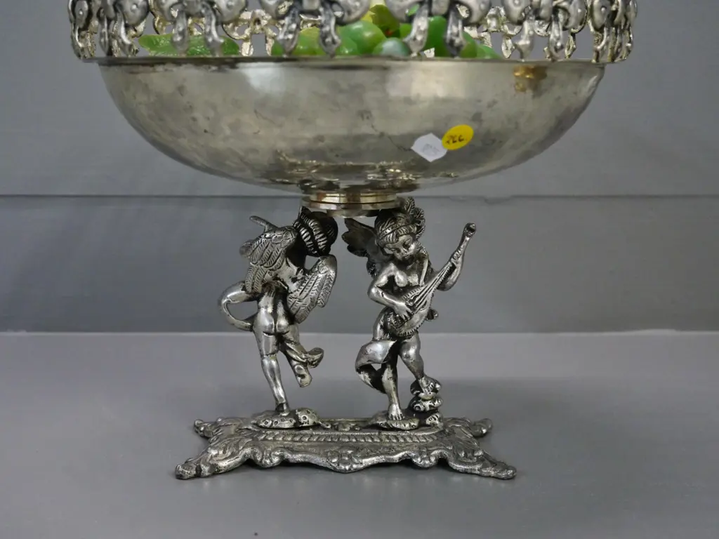 ornate figural base plated comport bowl marked 'Louise Mitchell Silver' H-250 D-270 Image 1++