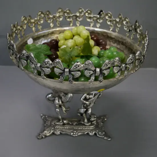 ornate figural base plated comport bowl marked 'Louise Mitchell Silver' H-250 D-270