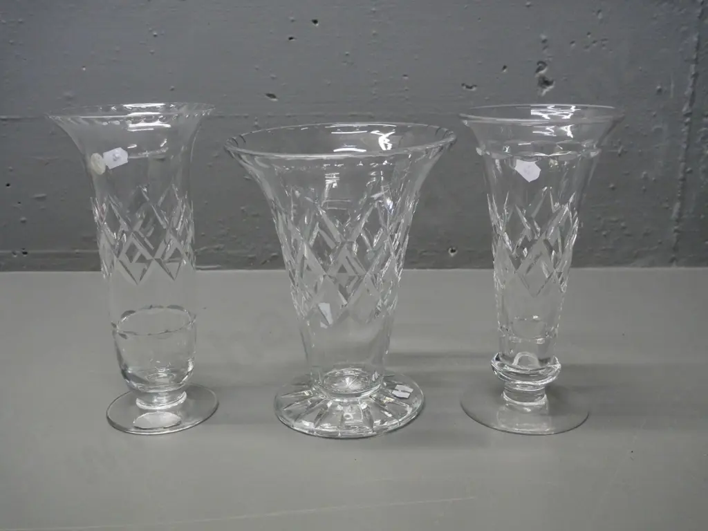 3 English crystal vases - Stuart, Harbridge H-200 & Richardson Image 1++
