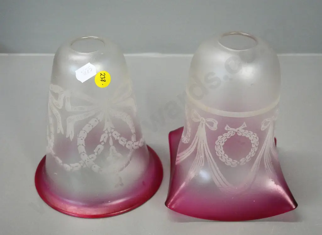 2 vintage frosted, tinted and etched glass light shades - H-150, one is round, one square Image 1++