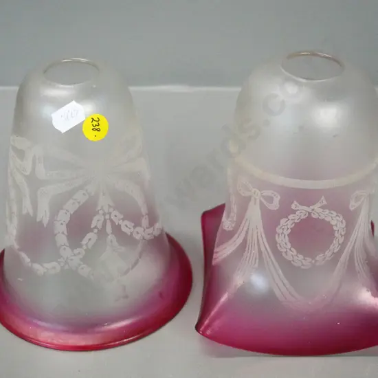 2 vintage frosted, tinted and etched glass light shades - H-150, one is round, one square