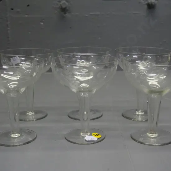 6 etched hollow stemmed champagne glasses