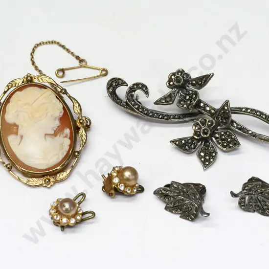 marcasite brooch, cameo brooch & 2 pairs of clip on earrings