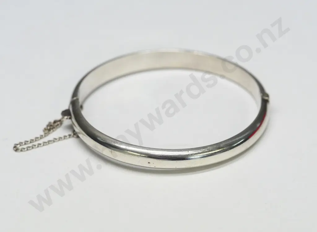 silver bangle withh safety chain stamped H&S stg sil made in NZ Image 1++