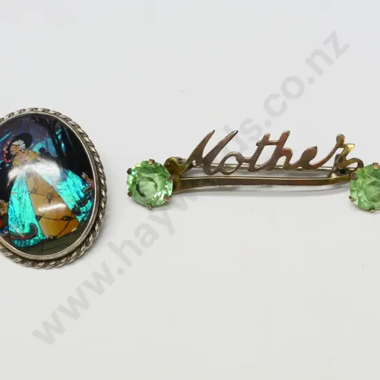 butterfly wing brooch stamped sterling silver & bar brooch "Mother' stamped sil lined