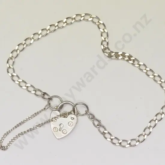 silver bracelet with heart clasp & safety chain stamped 925