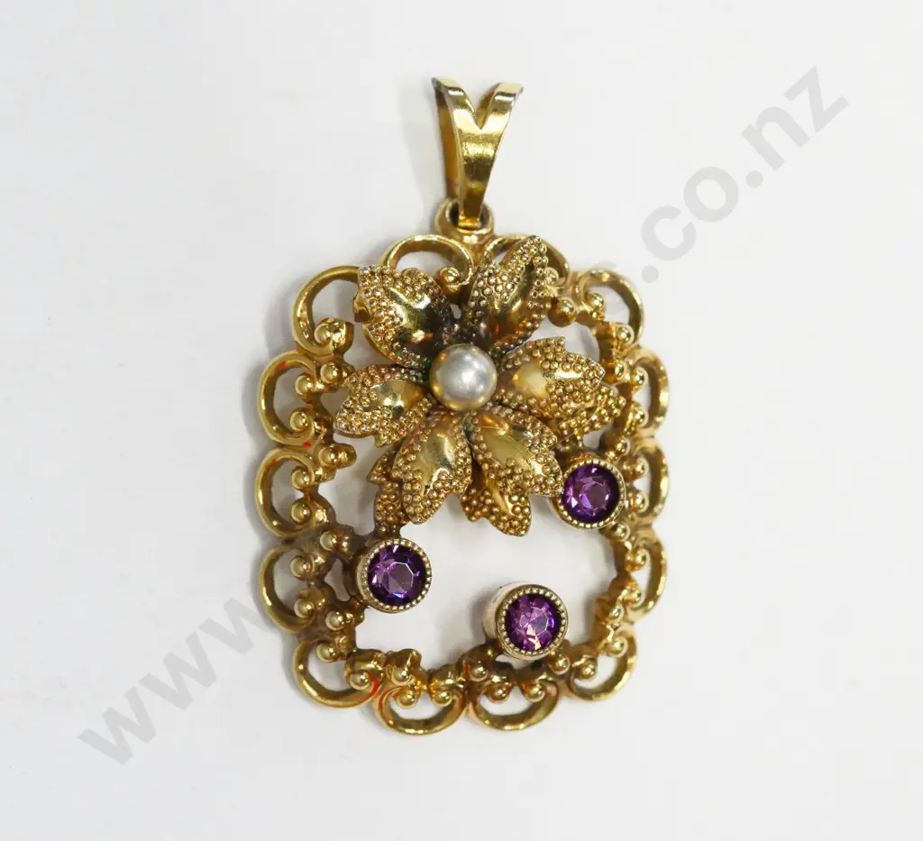 amethyst & seed pearl necklace no chain stamped Germany Image 1++