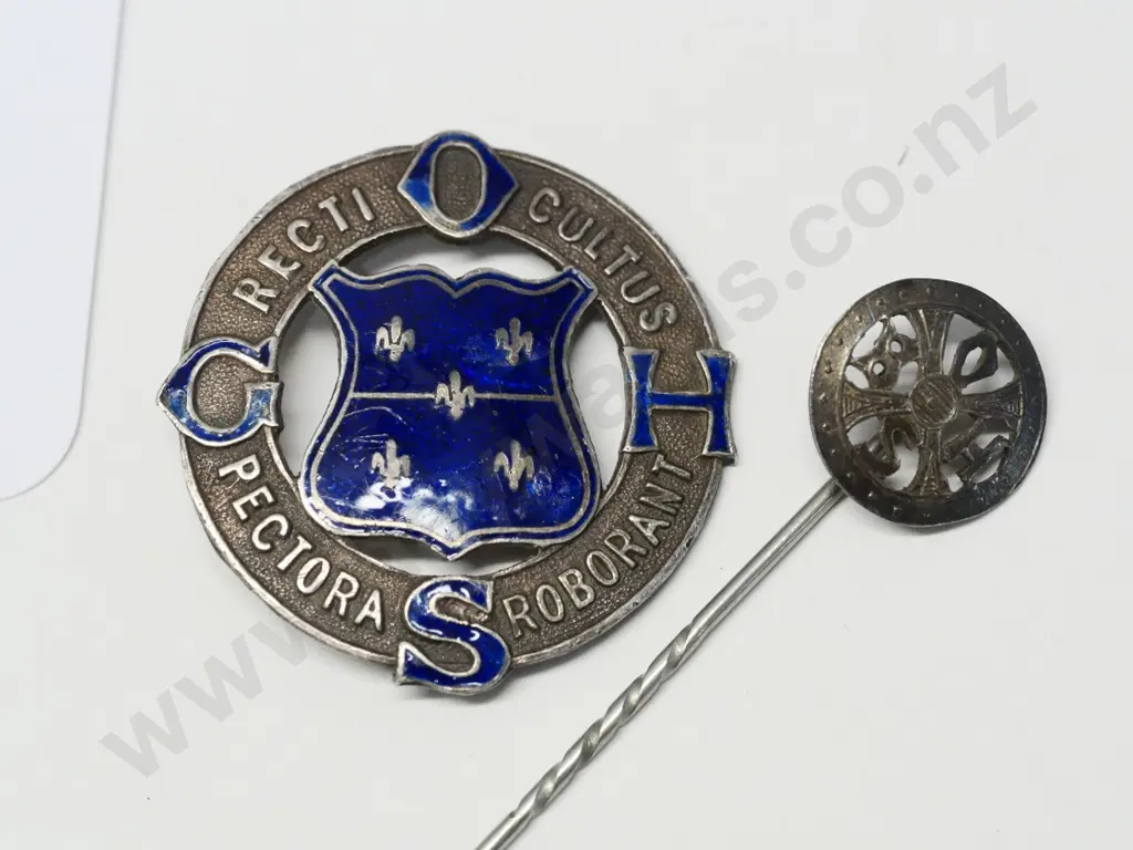 medal 'OGHS Recti Cultus Pectora Roborant' [no bar] & lapel pin 'OBHS' Image 1++