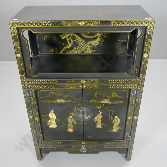 vintage Chinese hand-painted 2-door cabinet with relief figural decoration - hinges need attention H940 W630 D310