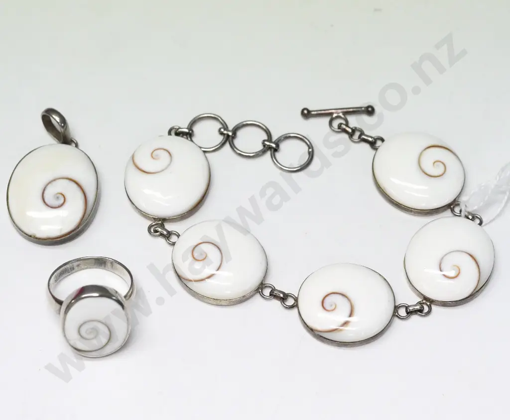 silver & stone bracelet, ring & pendant [no chain] set -  stamped 925 Image 1++