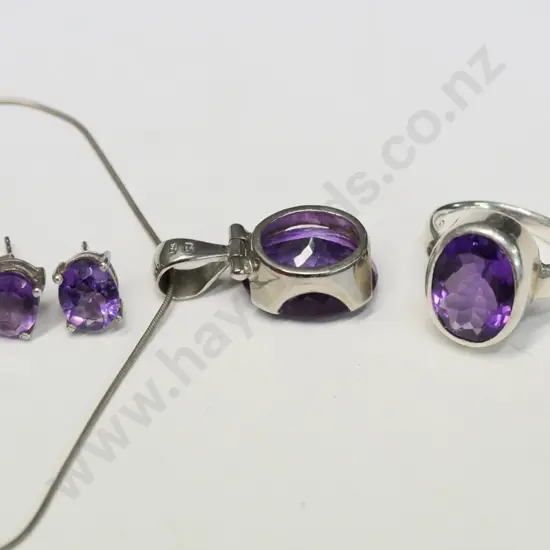 amehtyst & silver pendant, ring & earrings - stamped 925