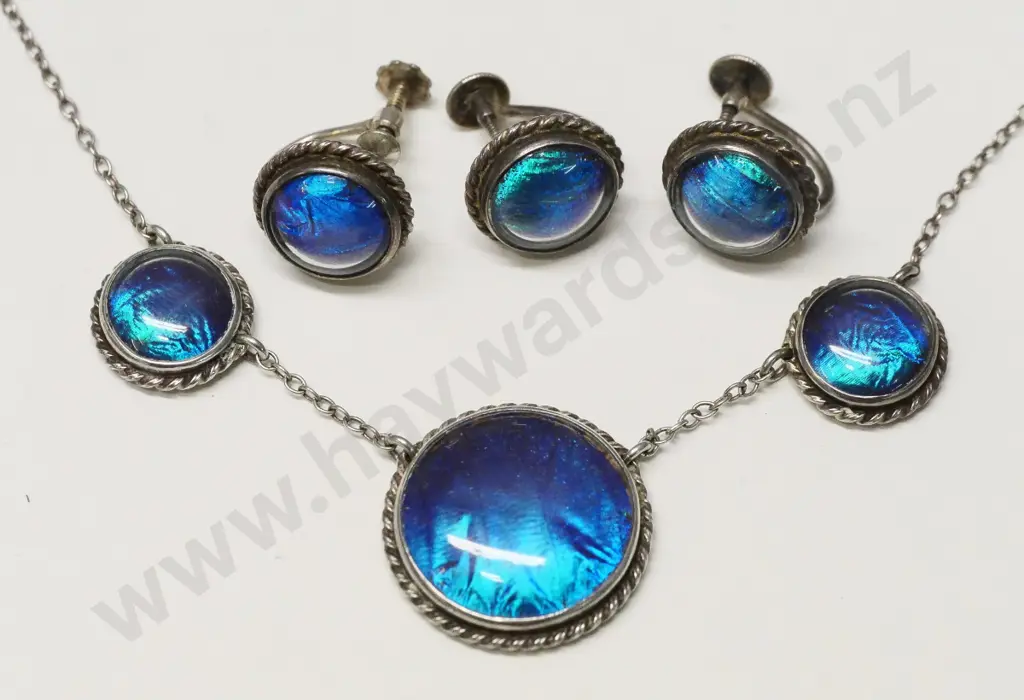 butterfly wing necklace & pair of earrings plus 1 spare all stamped sterling Image 1++