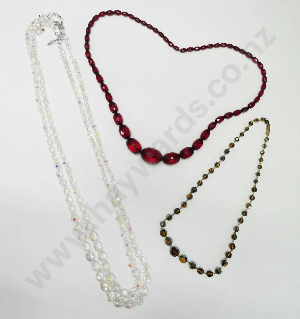 2 strand long crystal beaded nedklace, brown single strand beaded necklace & red beaded necklace Image 1++