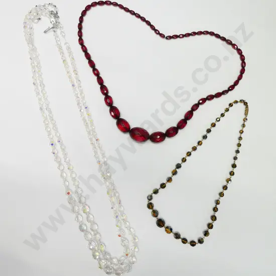 2 strand long crystal beaded nedklace, brown single strand beaded necklace & red beaded necklace
