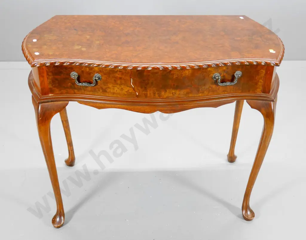 reproduction bow-front hall table with burr walnut top and drawer front - some marks & damage to veneer H720 W920 D470 Image 1++