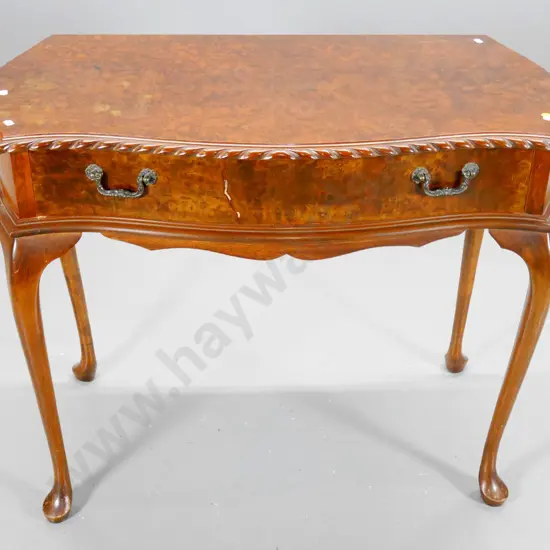 reproduction bow-front hall table with burr walnut top and drawer front - some marks & damage to veneer H720 W920 D470